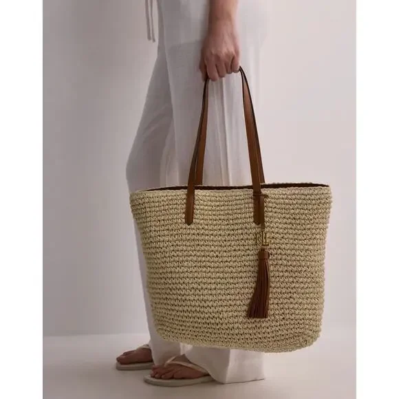 NWT Lauren RALPH LAUREN Crochet-Straw Medium Whitney Tote Natural/Lauren Tan - Picture 8 of 9